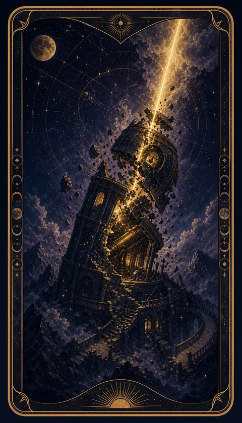 Ilustración celestial original de Mythborn para la carta La Torre.