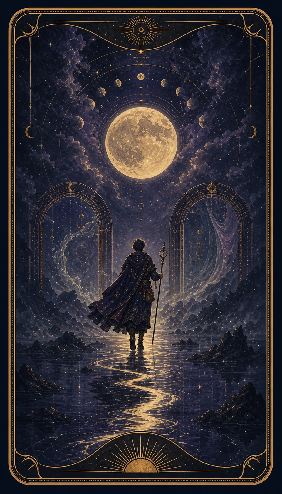 Ilustración celestial original de Mythborn para la carta La Luna.