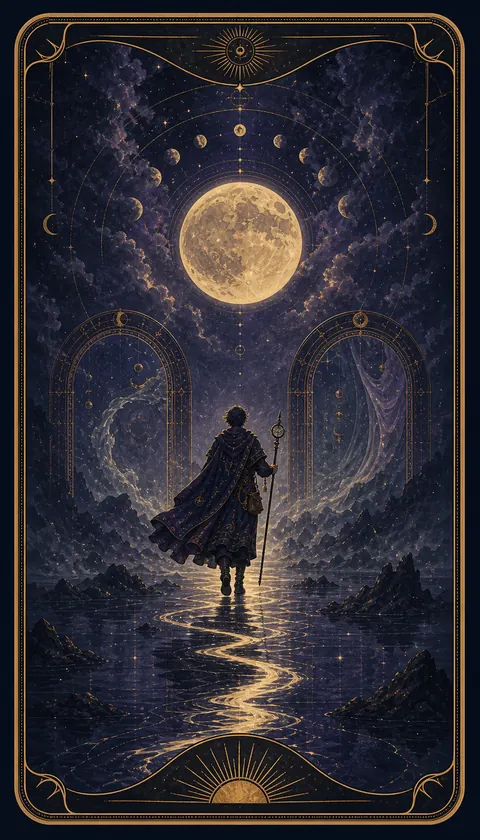 Ilustración celestial original de Mythborn para la carta La Luna.