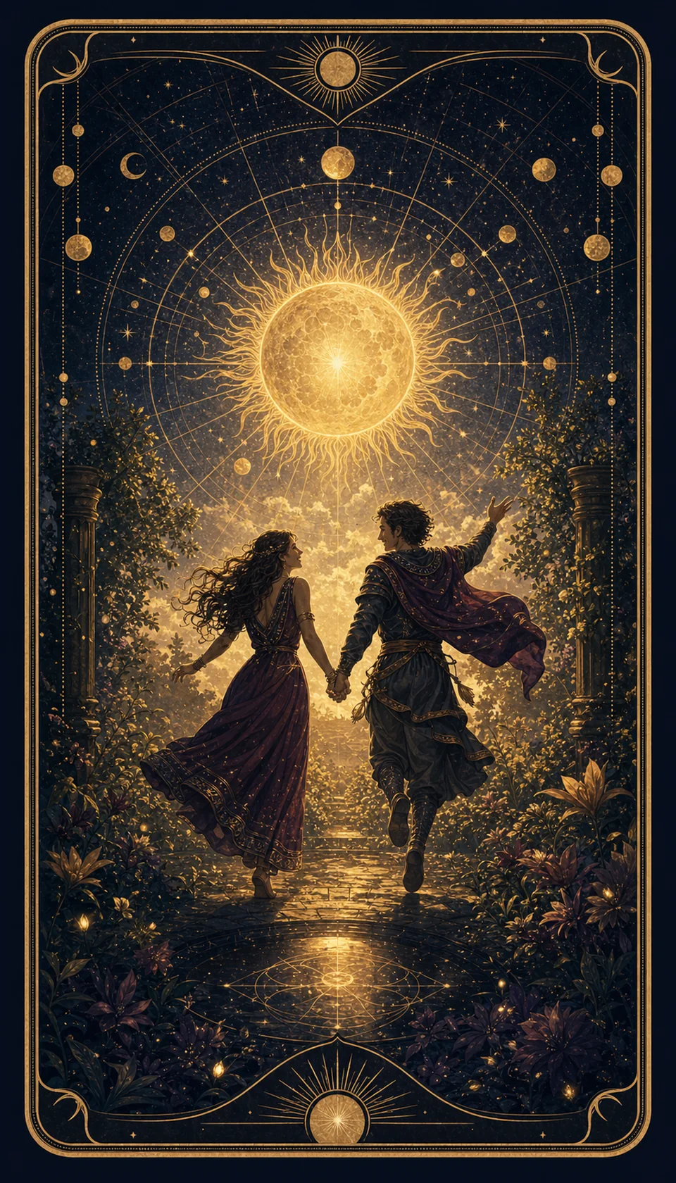 Ilustración celestial original de Mythborn para la carta El Sol.