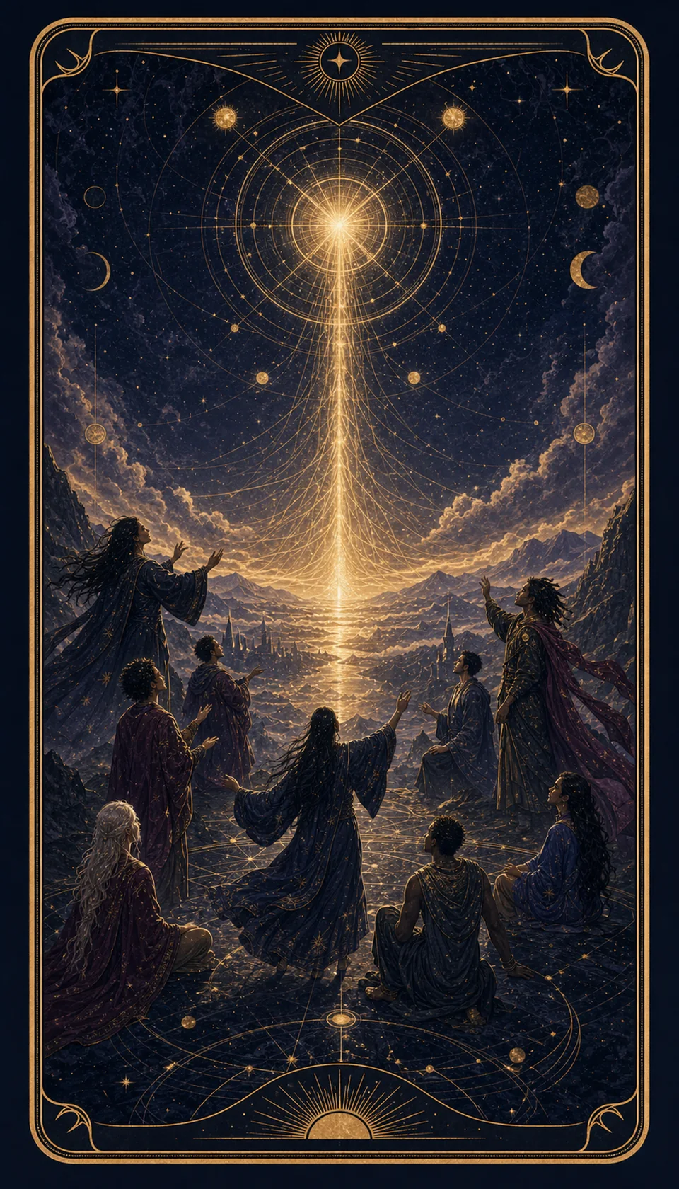 Ilustración celestial original de Mythborn para la carta El Juicio.