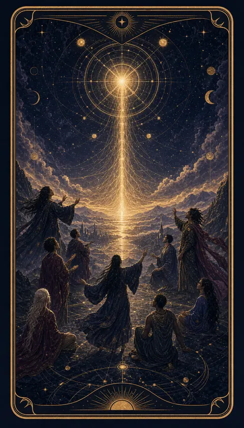 Ilustración celestial original de Mythborn para la carta El Juicio.