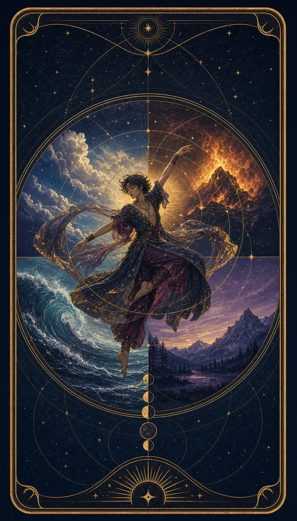 Ilustración celestial original de Mythborn para la carta El Mundo.