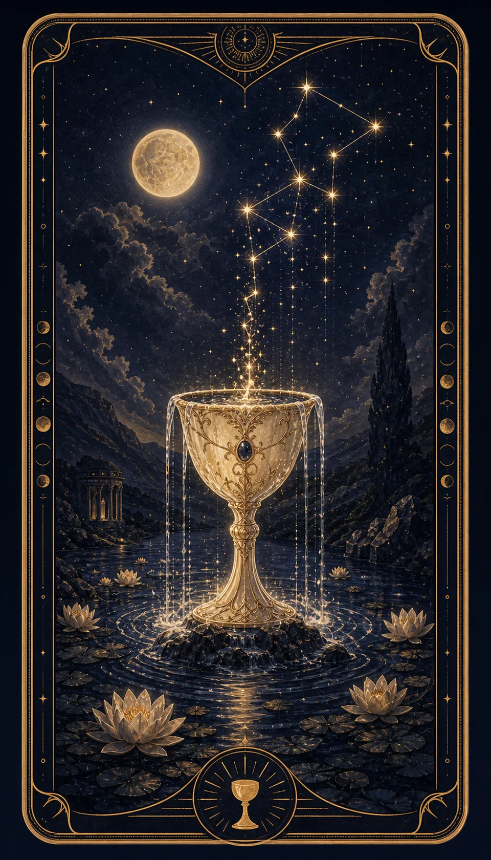 Ilustración celestial original de Mythborn para la carta As de Copas.