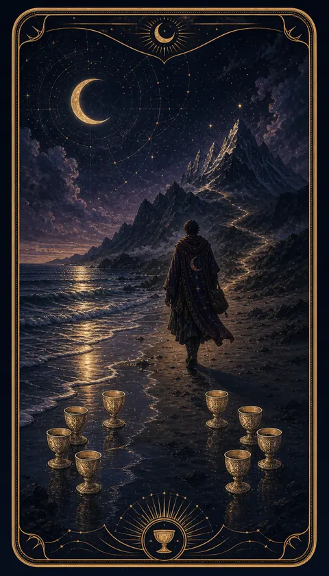 Ilustración celestial original de Mythborn para la carta Ocho de Copas.
