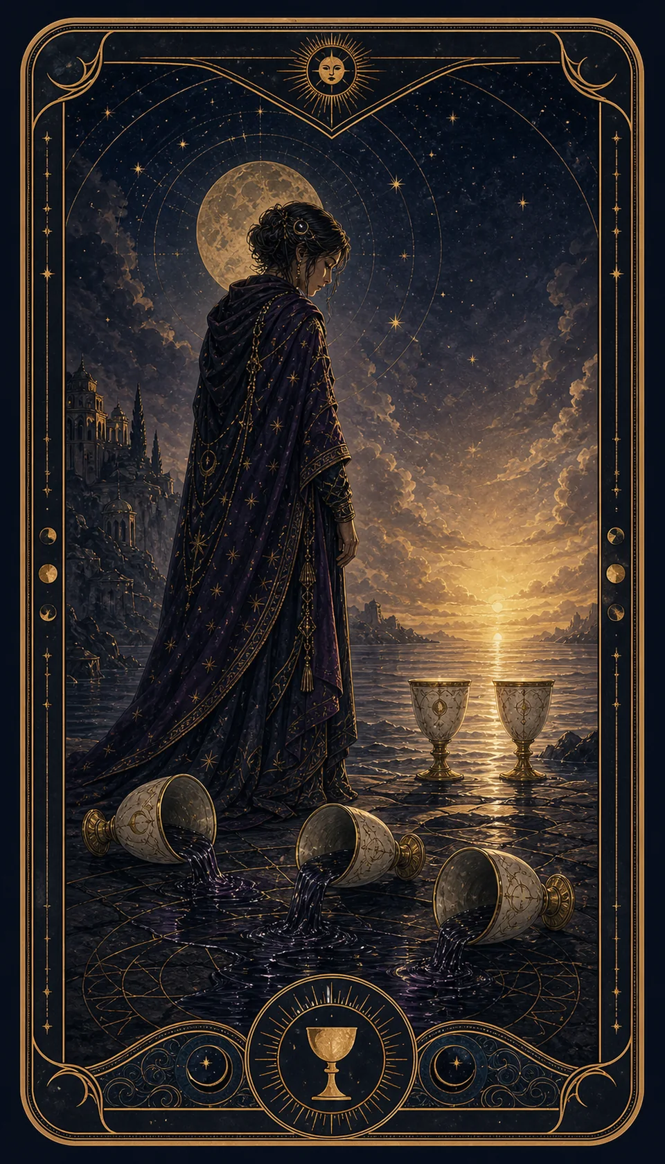 Ilustración celestial original de Mythborn para la carta Cinco de Copas.