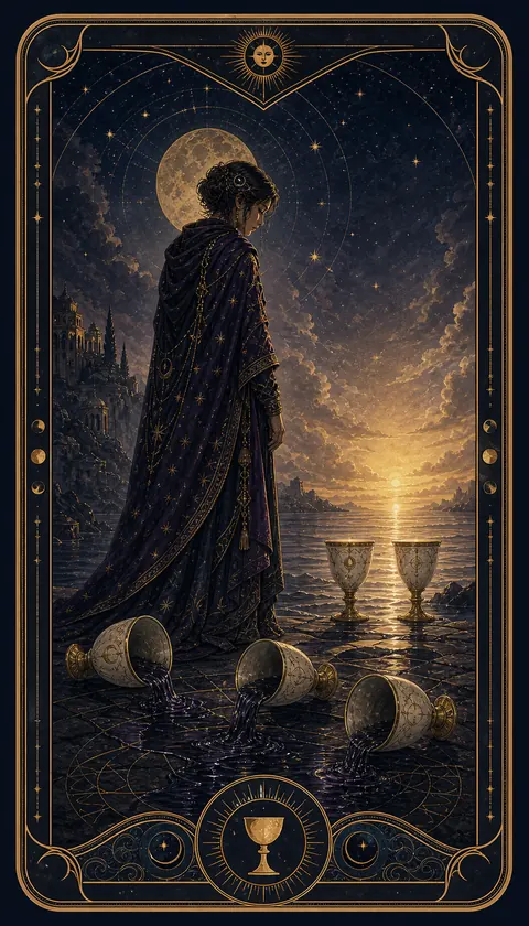 Ilustración celestial original de Mythborn para la carta Cinco de Copas.