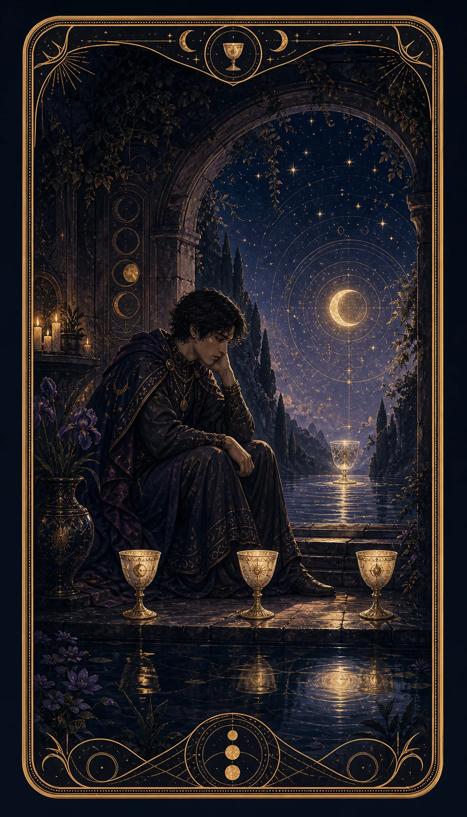 Ilustración celestial original de Mythborn para la carta Cuatro de Copas.