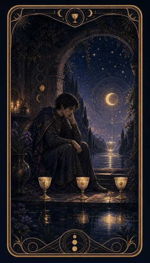 Ilustración celestial original de Mythborn para la carta Cuatro de Copas.