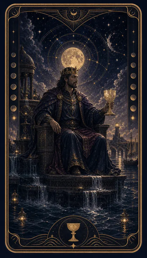 Ilustración celestial original de Mythborn para la carta Rey de Copas.