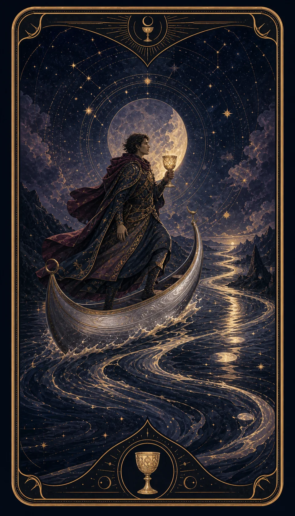 Ilustración celestial original de Mythborn para la carta Caballero de Copas.