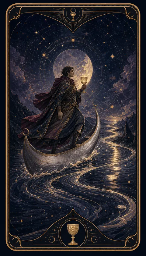 Ilustración celestial original de Mythborn para la carta Caballero de Copas.