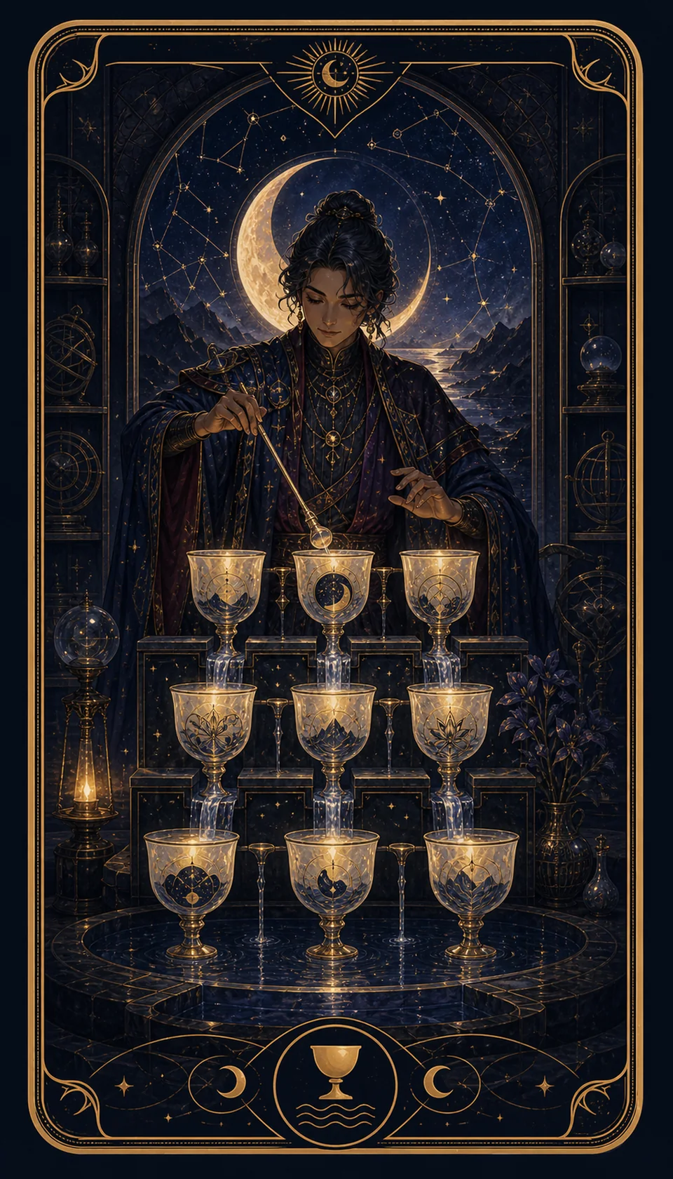 Ilustración celestial original de Mythborn para la carta Nueve de Copas.
