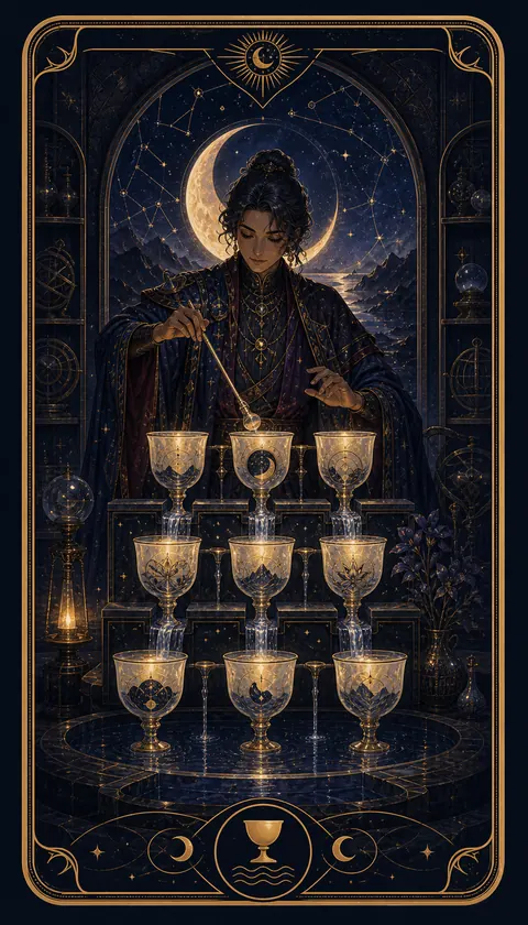 Ilustración celestial original de Mythborn para la carta Nueve de Copas.