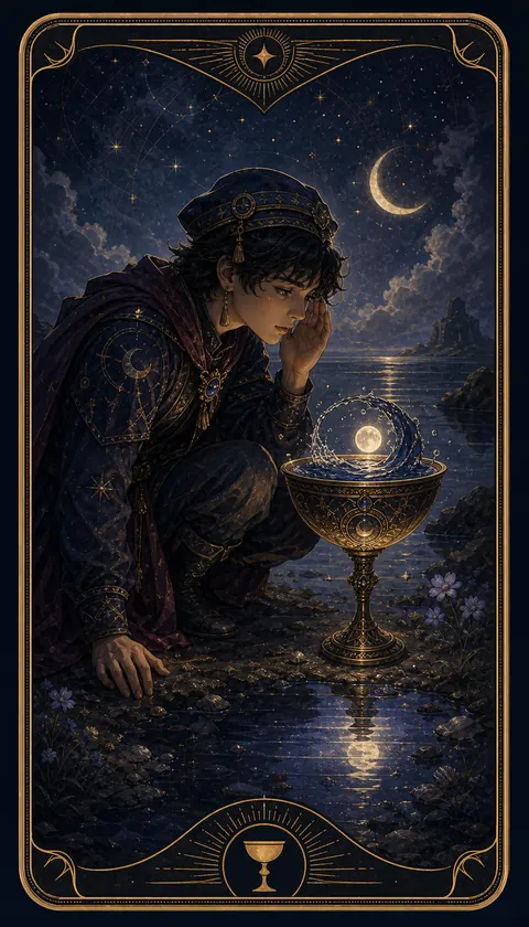 Ilustración celestial original de Mythborn para la carta Sota de Copas.