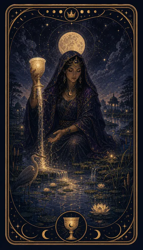 Ilustración celestial original de Mythborn para la carta Reina de Copas.