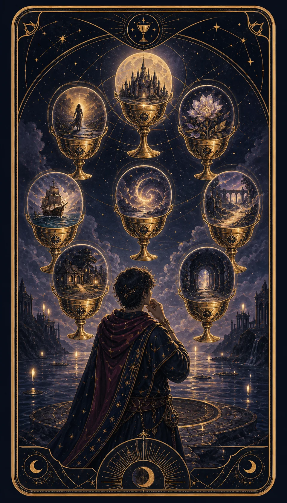 Ilustración celestial original de Mythborn para la carta Siete de Copas.