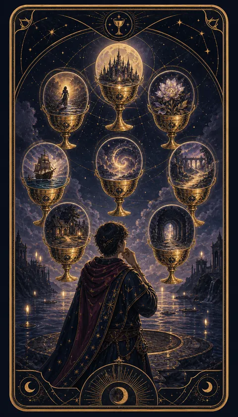 Ilustración celestial original de Mythborn para la carta Siete de Copas.