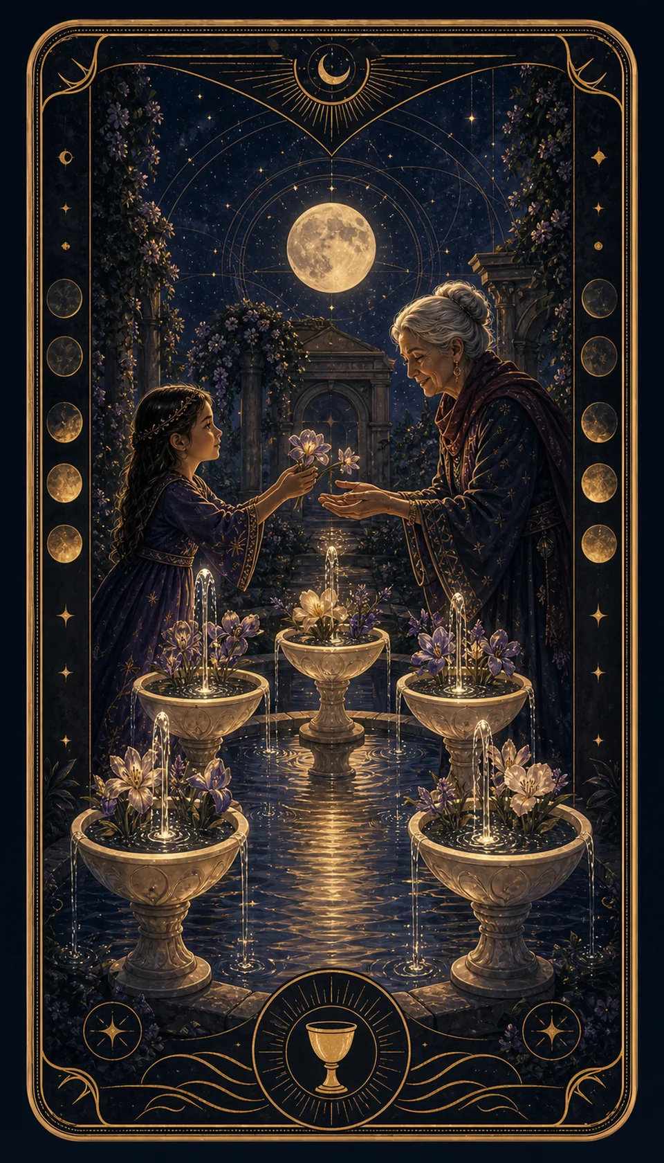 Ilustración celestial original de Mythborn para la carta Seis de Copas.