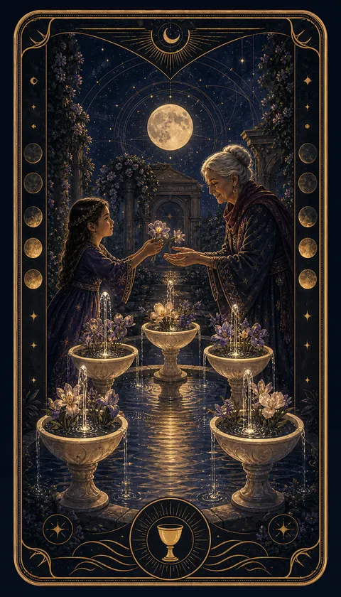 Ilustración celestial original de Mythborn para la carta Seis de Copas.