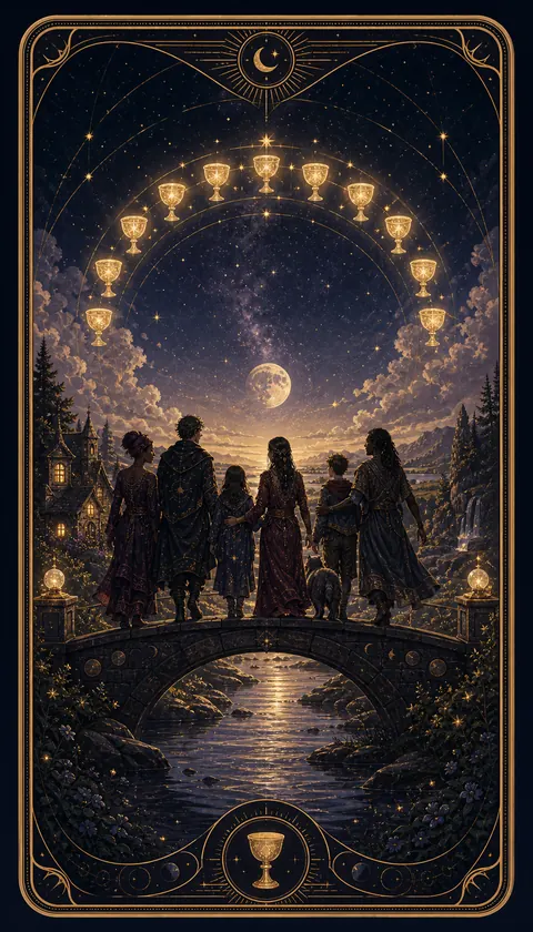 Ilustración celestial original de Mythborn para la carta Diez de Copas.