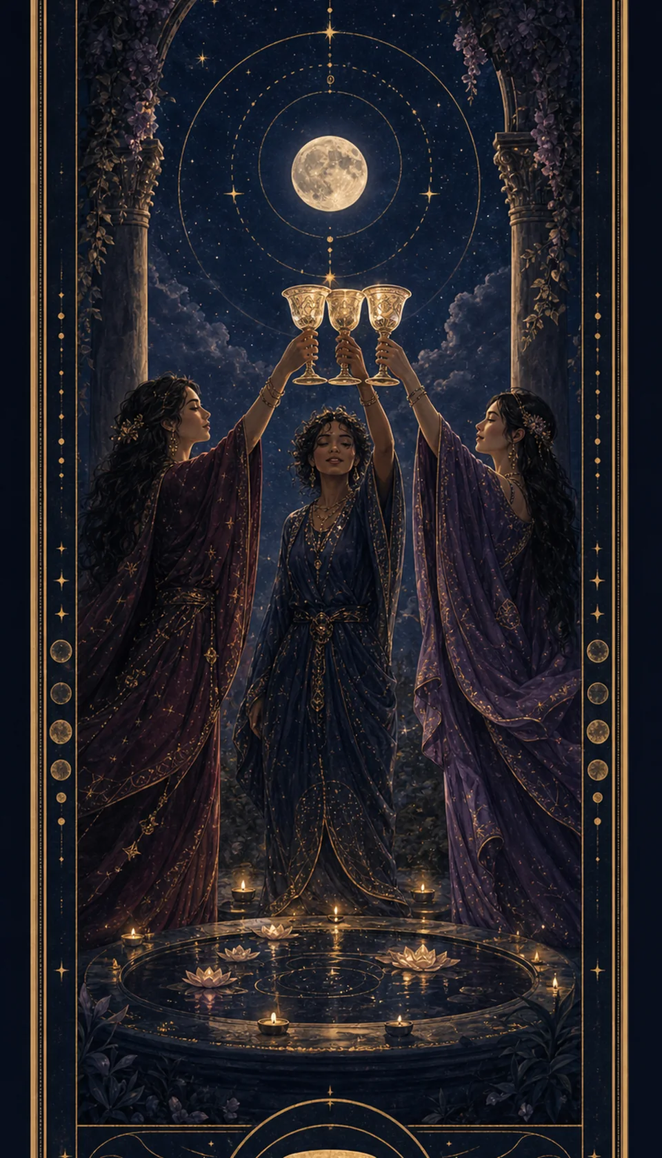 Ilustración celestial original de Mythborn para la carta Tres de Copas.