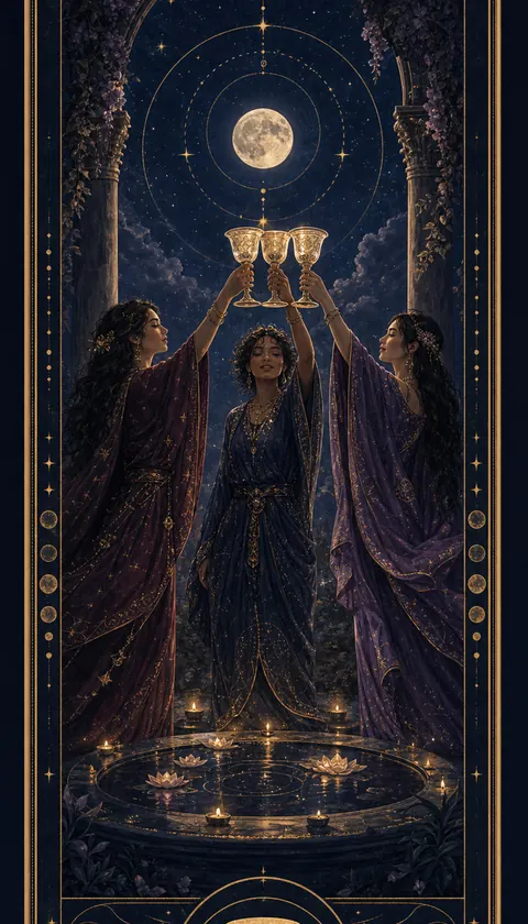 Ilustración celestial original de Mythborn para la carta Tres de Copas.