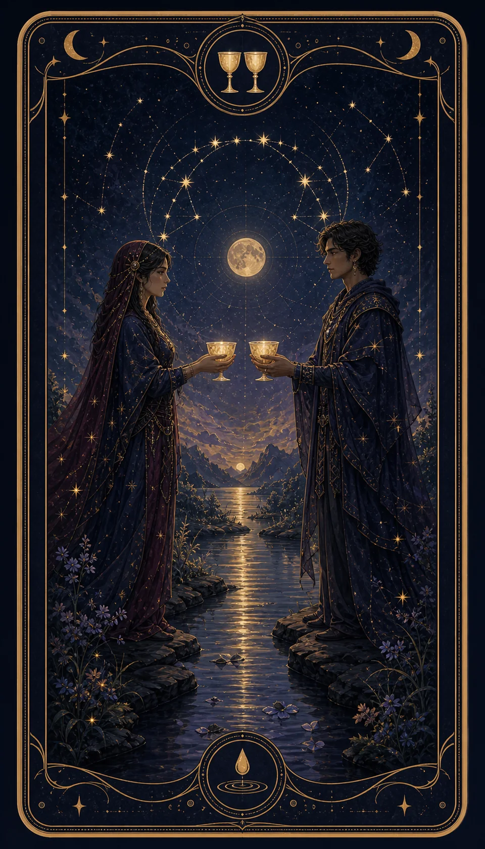 Ilustración celestial original de Mythborn para la carta Dos de Copas.