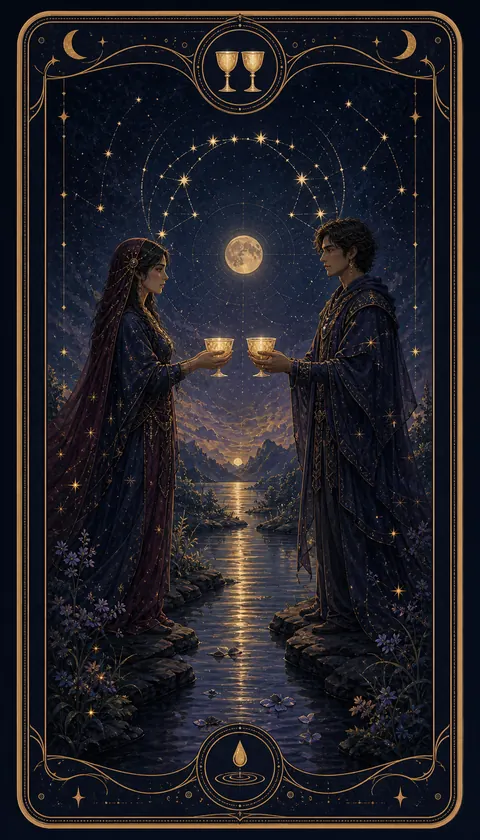 Ilustración celestial original de Mythborn para la carta Dos de Copas.