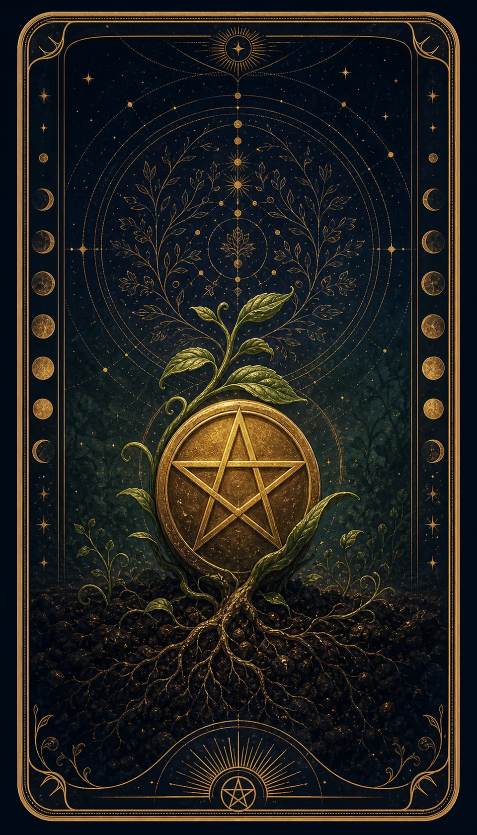 Ilustración celestial original de Mythborn para la carta As de Oros.