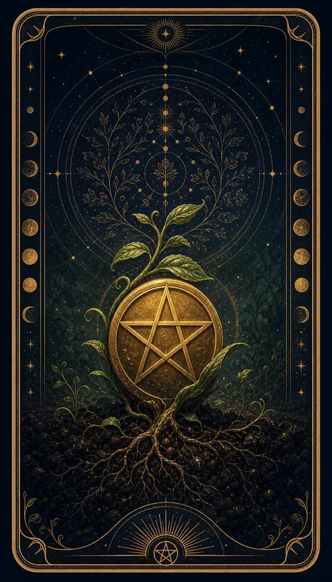 Ilustración celestial original de Mythborn para la carta As de Oros.