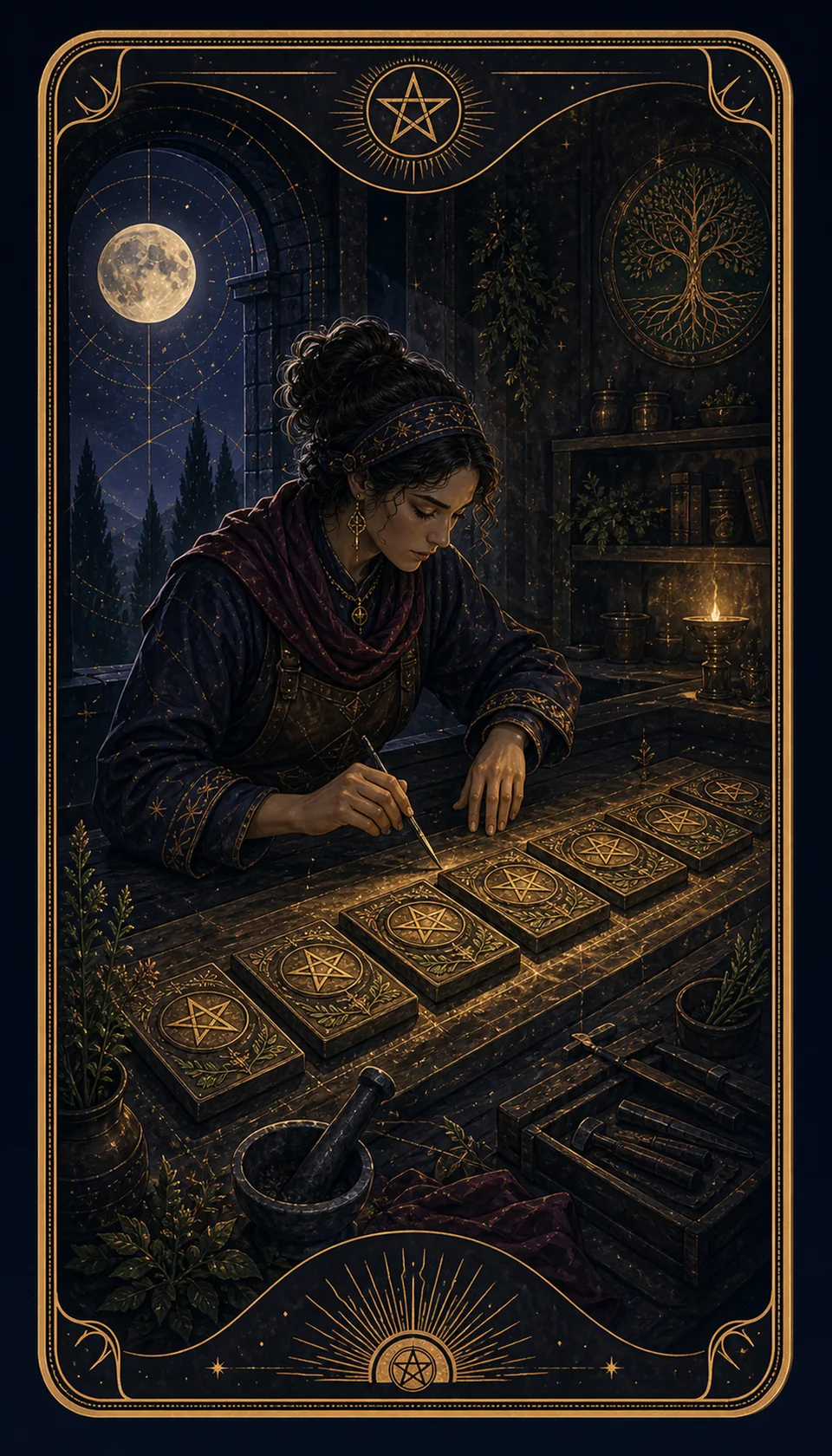 Ilustración celestial original de Mythborn para la carta Ocho de Oros.