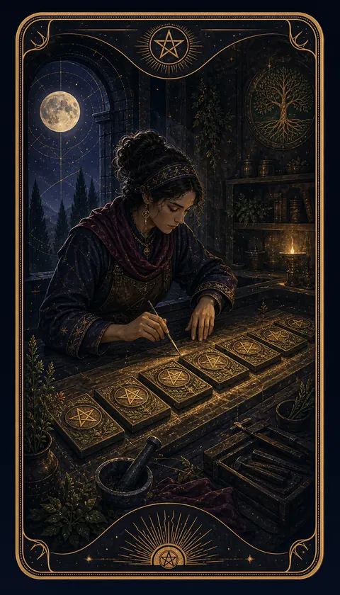 Ilustración celestial original de Mythborn para la carta Ocho de Oros.