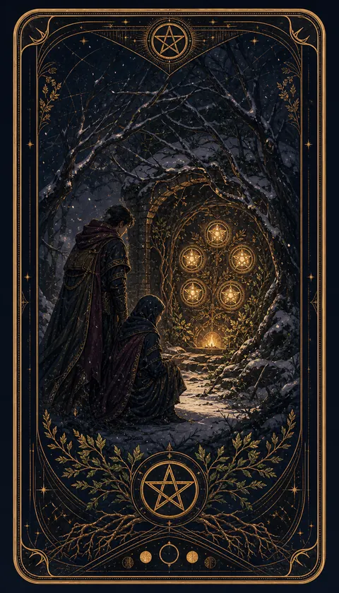 Ilustración celestial original de Mythborn para la carta Cinco de Oros.