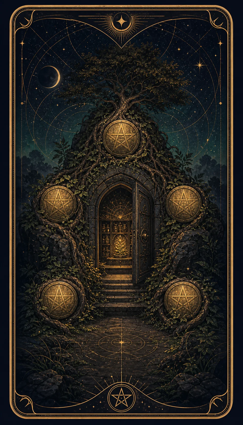 Ilustración celestial original de Mythborn para la carta Cuatro de Oros.