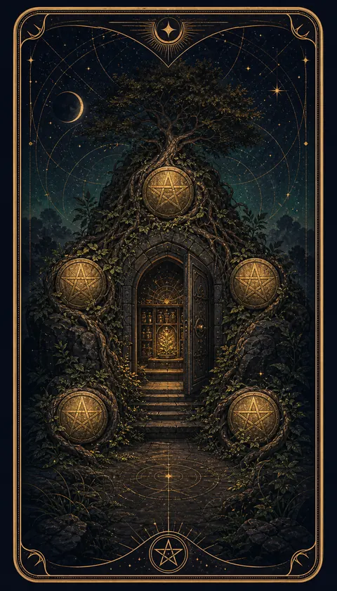 Ilustración celestial original de Mythborn para la carta Cuatro de Oros.