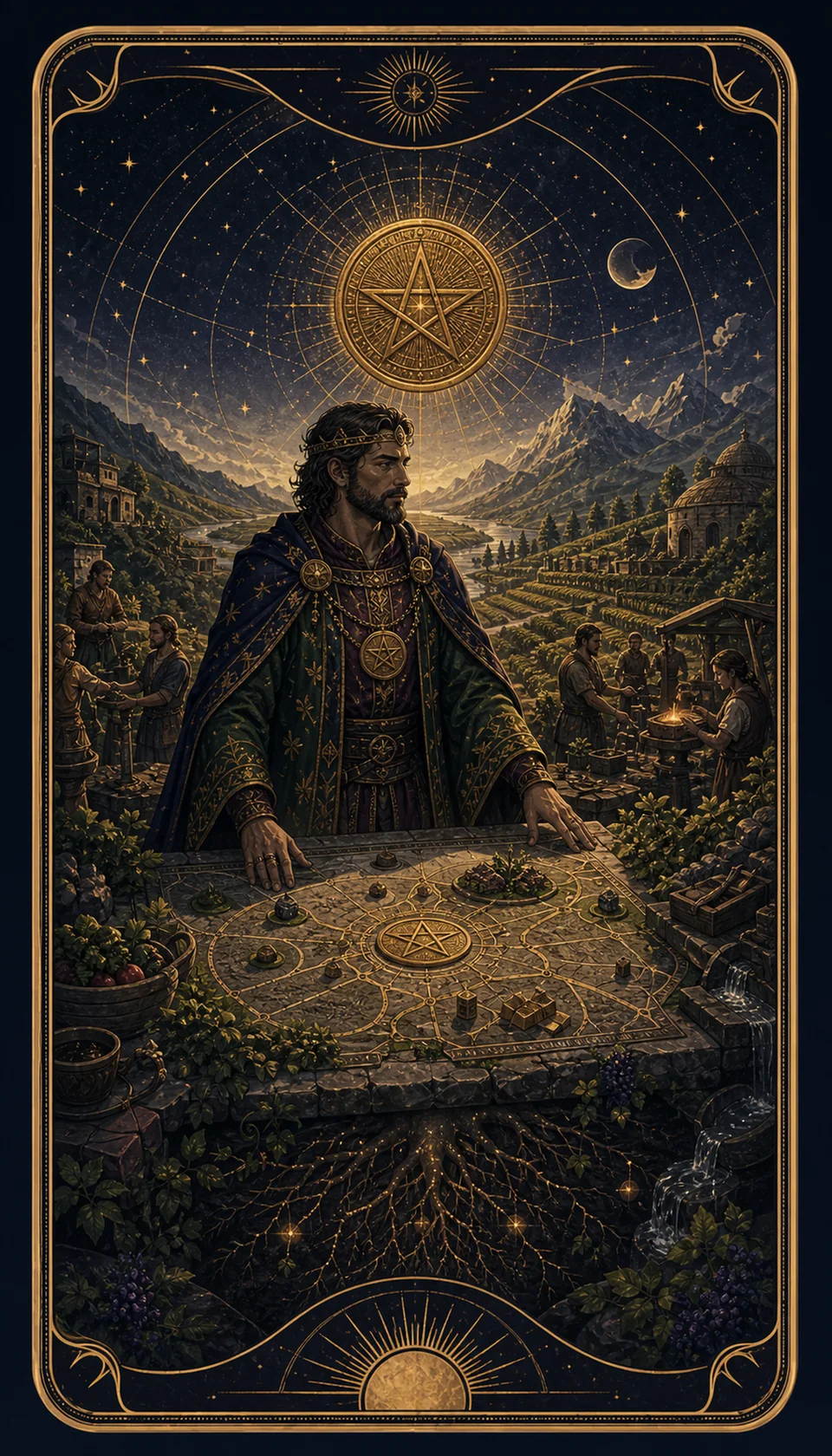 Ilustración celestial original de Mythborn para la carta Rey de Oros.