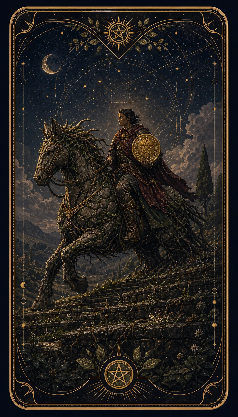 Ilustración celestial original de Mythborn para la carta Caballero de Oros.