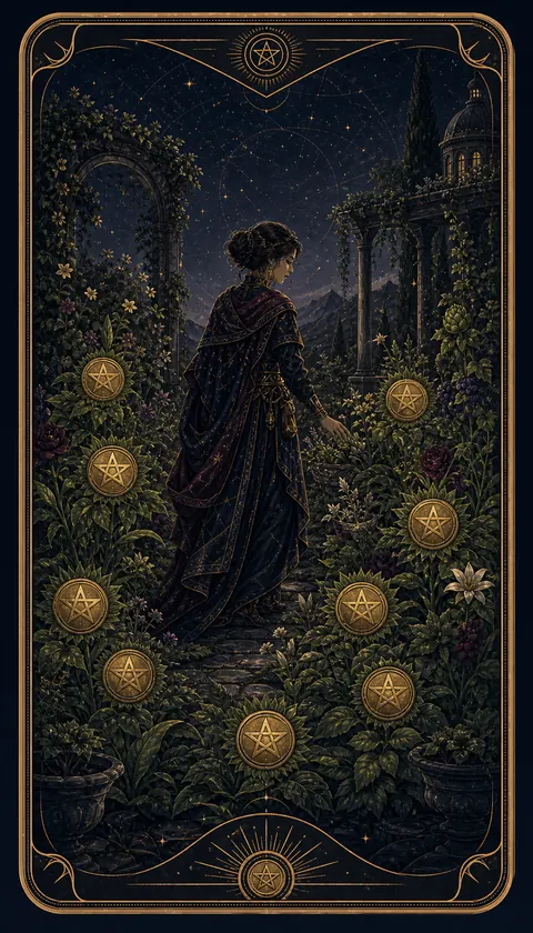 Ilustración celestial original de Mythborn para la carta Nueve de Oros.