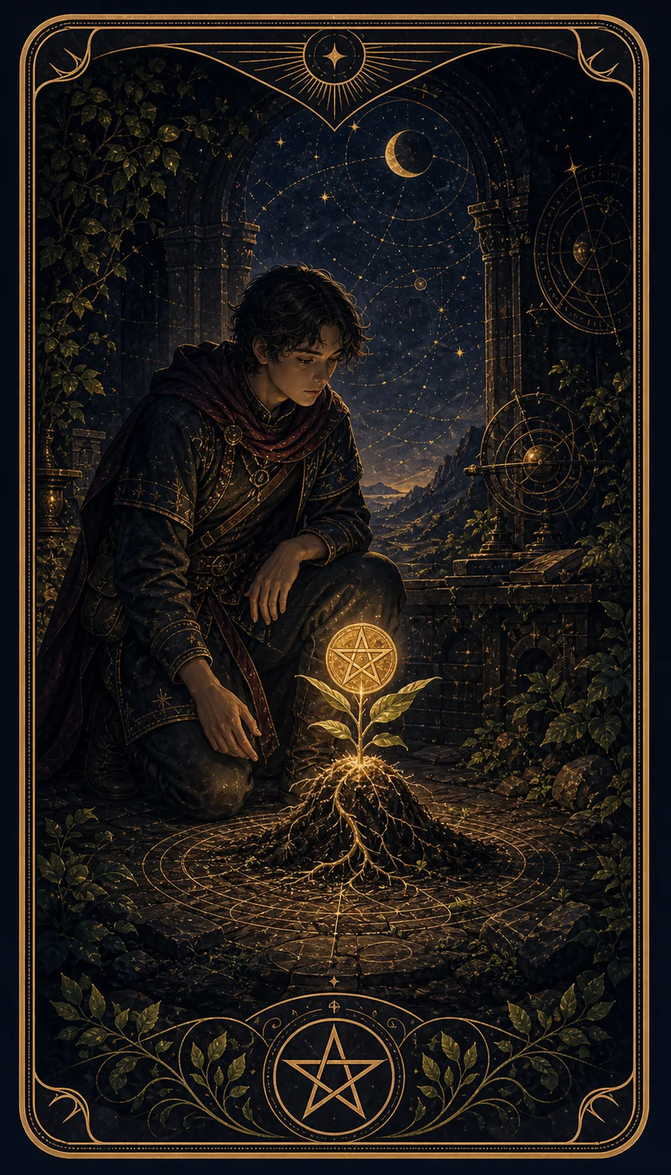 Ilustración celestial original de Mythborn para la carta Sota de Oros.