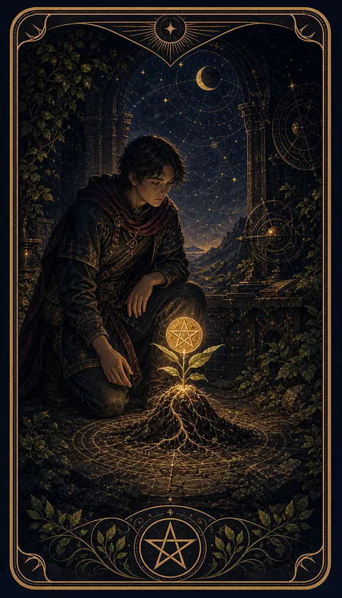 Ilustración celestial original de Mythborn para la carta Sota de Oros.