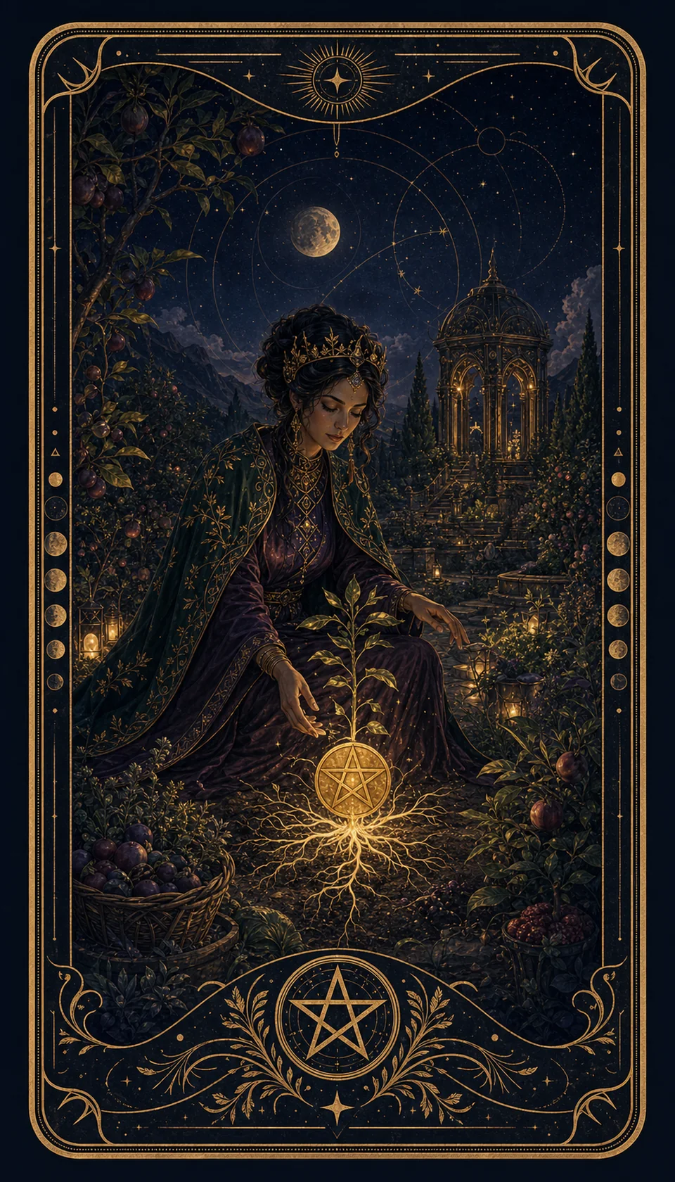 Ilustración celestial original de Mythborn para la carta Reina de Oros.
