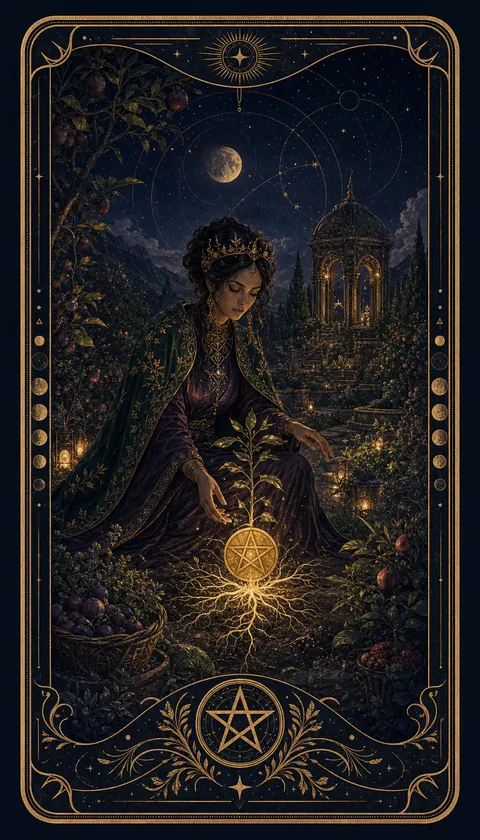 Ilustración celestial original de Mythborn para la carta Reina de Oros.