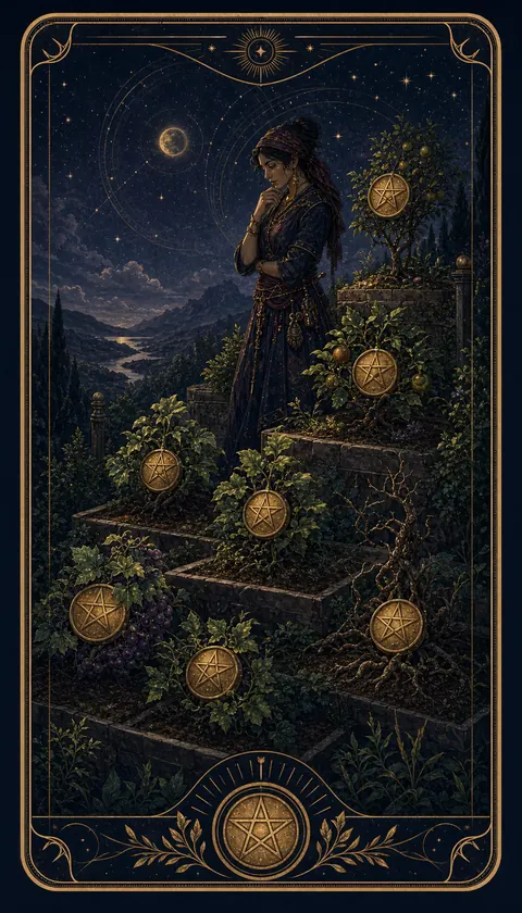 Ilustración celestial original de Mythborn para la carta Siete de Oros.