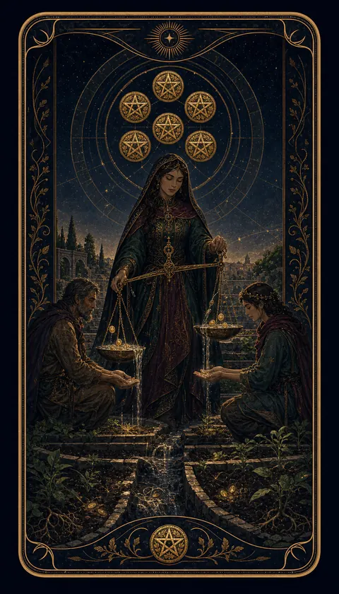 Ilustración celestial original de Mythborn para la carta Seis de Oros.