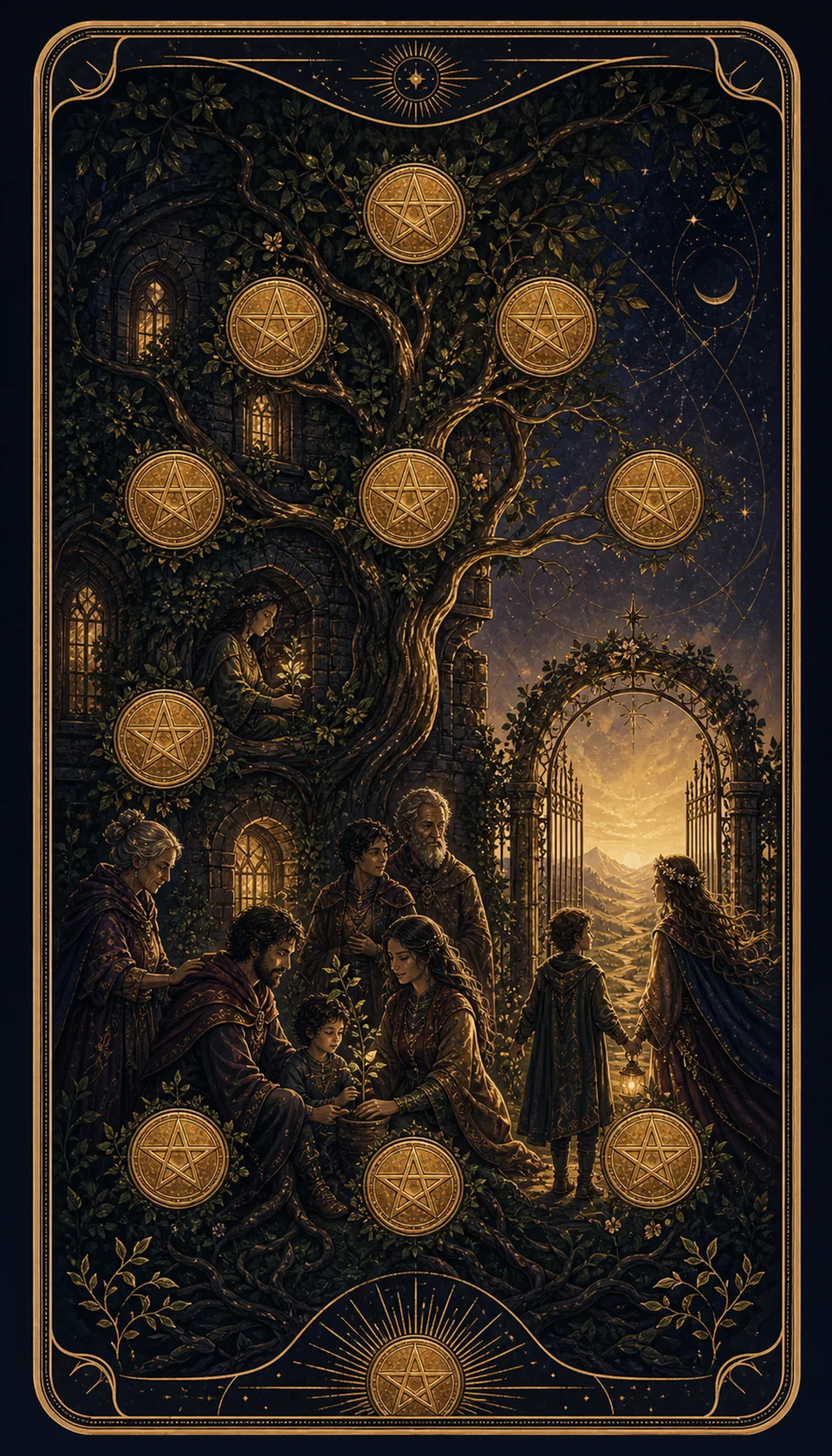 Ilustración celestial original de Mythborn para la carta Diez de Oros.