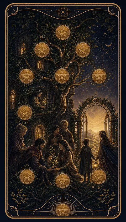 Ilustración celestial original de Mythborn para la carta Diez de Oros.