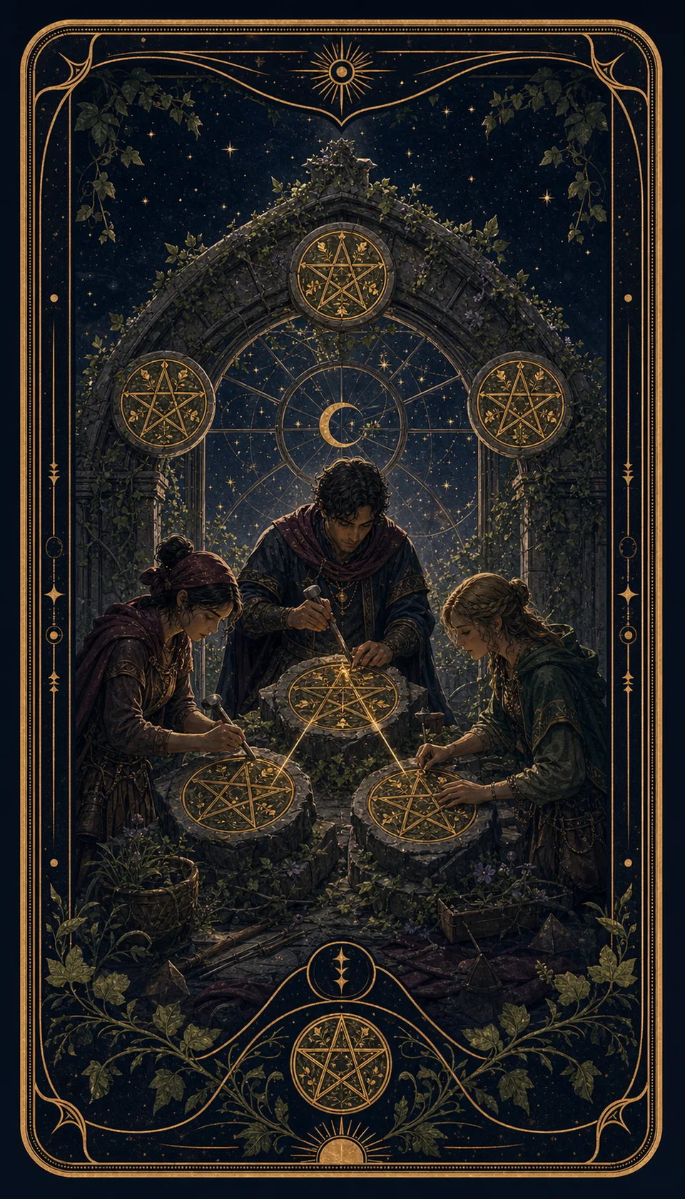 Ilustración celestial original de Mythborn para la carta Tres de Oros.