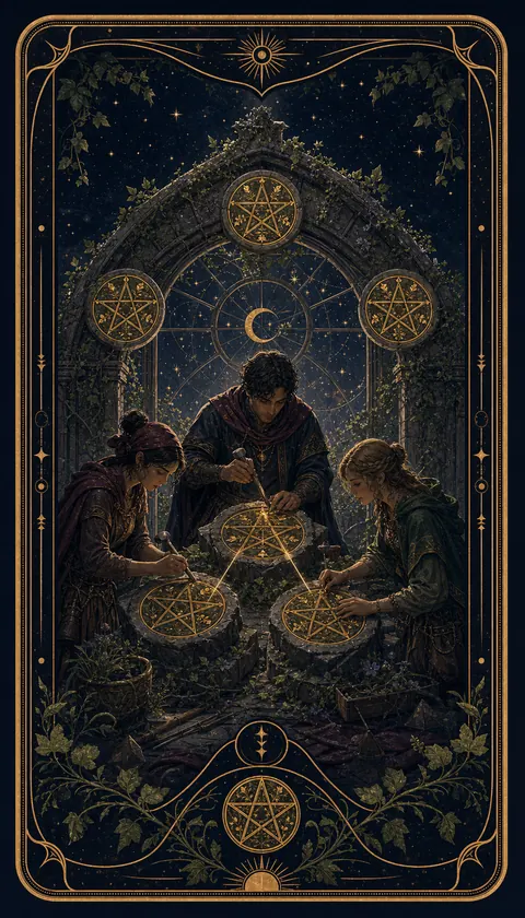 Ilustración celestial original de Mythborn para la carta Tres de Oros.