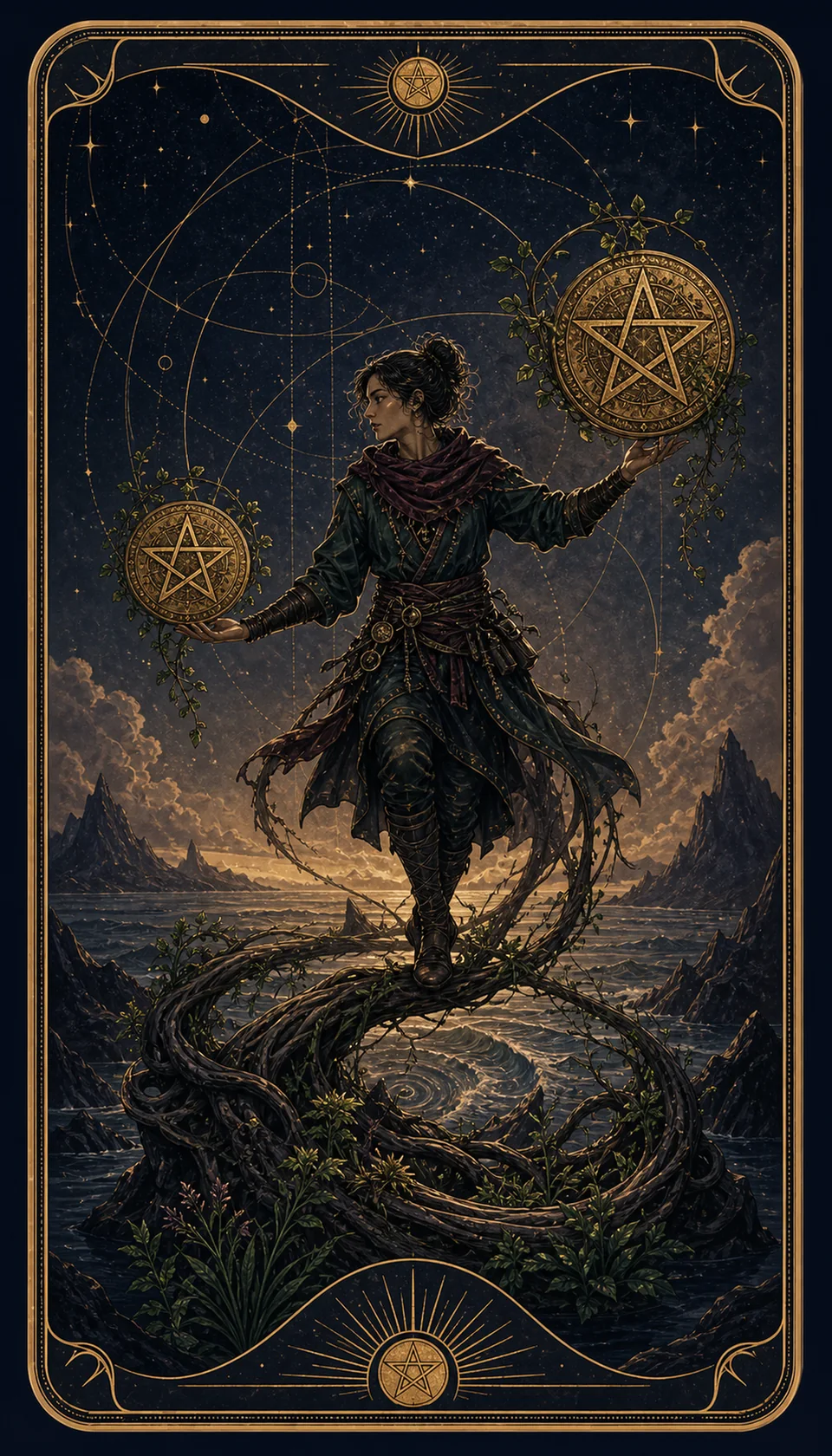 Ilustración celestial original de Mythborn para la carta Dos de Oros.